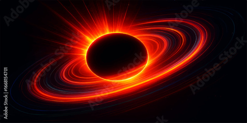 An abstract celestial illustration of a fiery orange and red eclipse in dark space with a glowing solar energy design