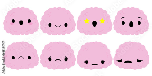 Happy sad tired burnout brain cartoon character set. Brain with low charge, depression, burnout, lack energy and power with high energy. Stock vector illustration isolated on white background.
