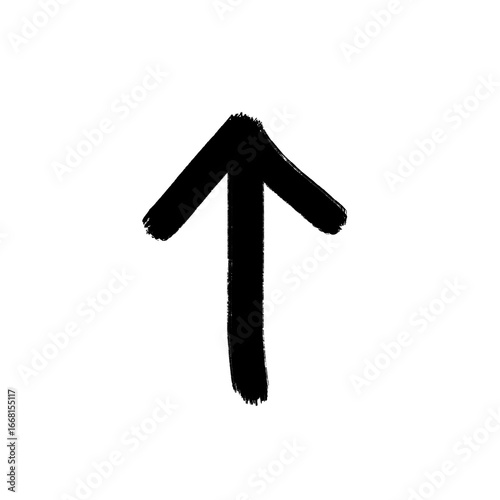A hand-drawn black arrow pointing upward is centered on a solid white background, with a bold, rough brushstroke texture.
