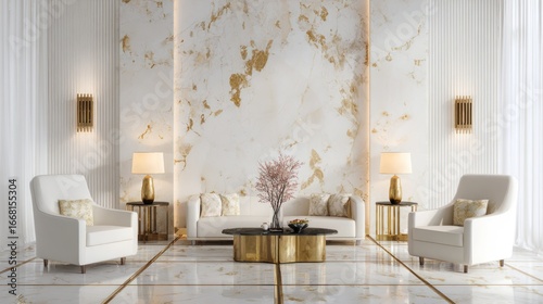 Interior rendering of a luxury living room with marble walls, gold accents, and stylish furniture
