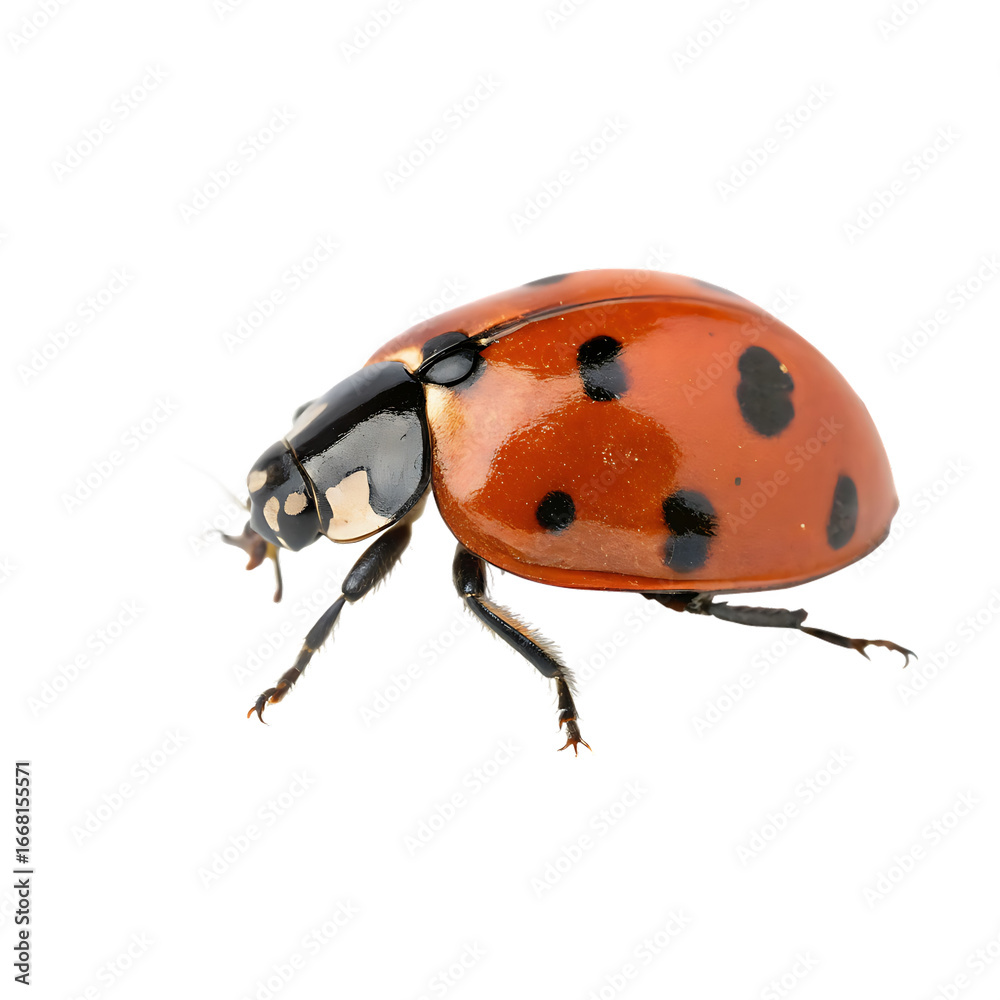 Fototapeta premium A red ladybird beetle with black spots closeup isolated on a transparent background png