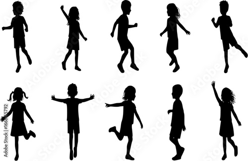 Children dancing silhouette. Male and female kid activity. Good use for symbol, logo, web icon, mascot, sign, sticker design, element, or any design you want. Easy to use
