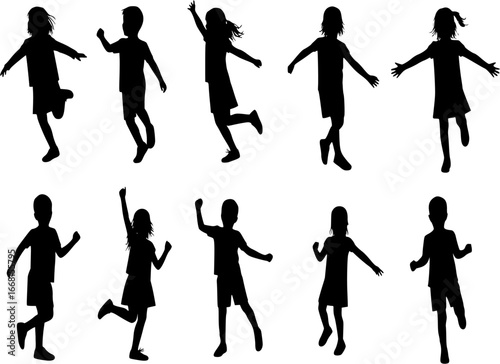 Children dancing silhouette. Male and female kid activity. Good use for symbol, logo, web icon, mascot, sign, sticker design, element, or any design you want. Easy to use
