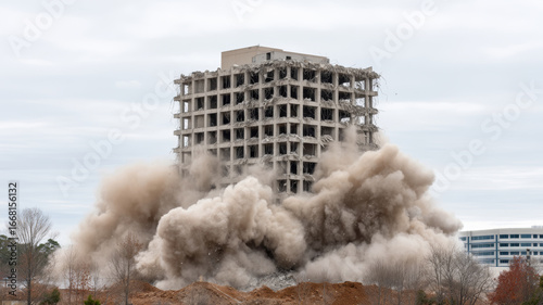 Concrete fragments bursting, demolition crew dismantling urban structure with heavy machinery, gray skies capturing structural collapse moment