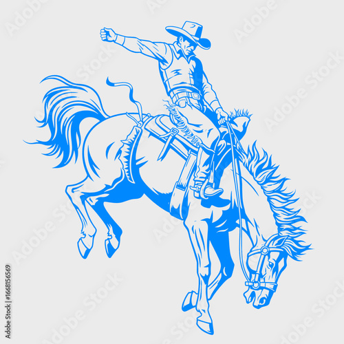 Vintage Cowgirl on Horse Illustration. Bronco Buster Rodeo Cowboy Action Sketch. Western Cowgirl and Cowboy Design.  Cowboy action on bronco. Rodeo spirit artwork with bold frontier style.