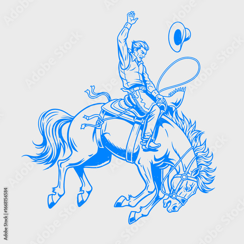 Frontier Cowboy Spirit. A vintage illustration of rodeo cowboy. Cowboy action on bronco. Wild West Rodeo Cowboy Illustration. Retro Western Rodeo Rider.
