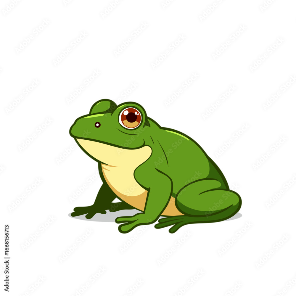 Obraz premium Cartoon green frog sitting with big eyes on white background