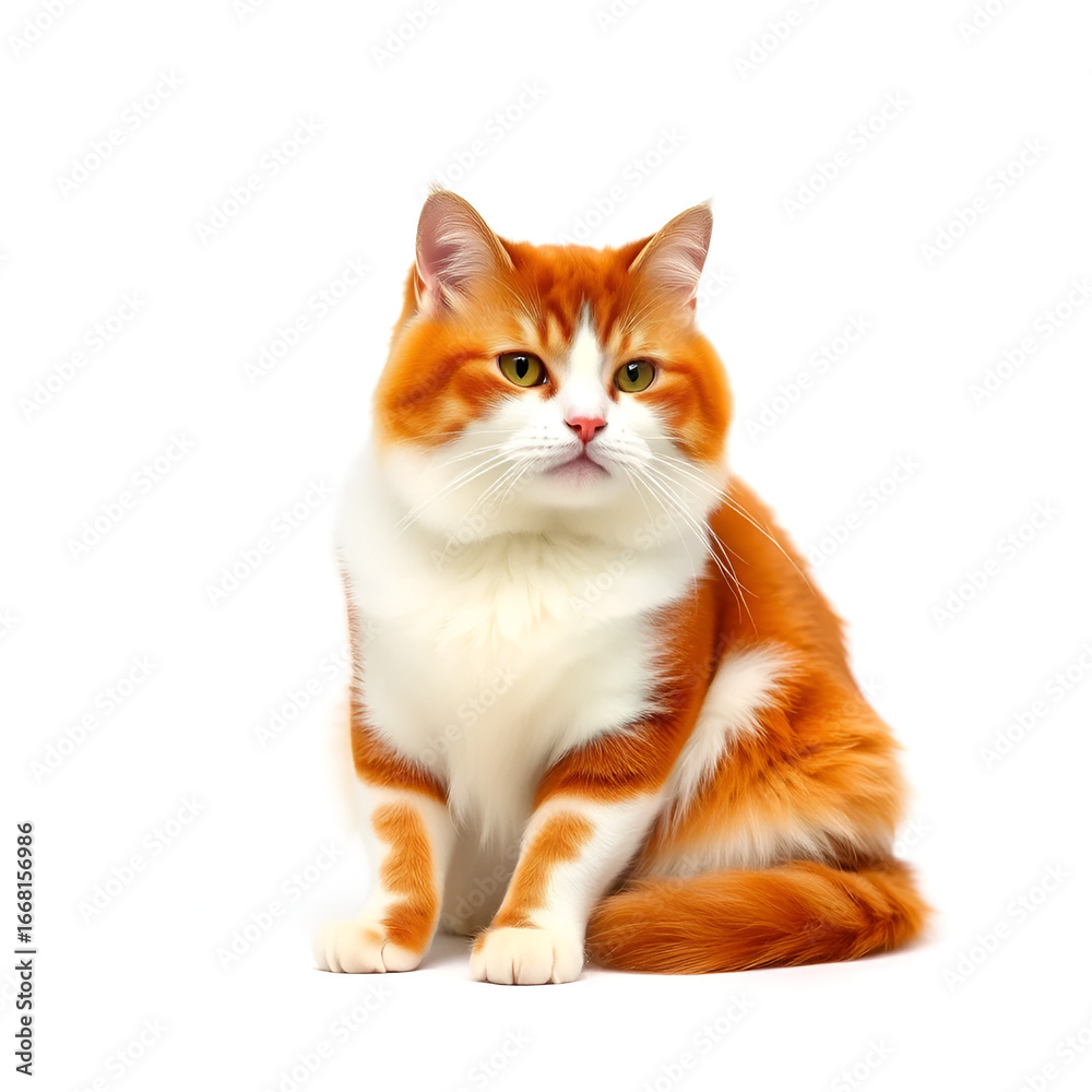 Obraz premium Chubby red and white cat sitting on white background