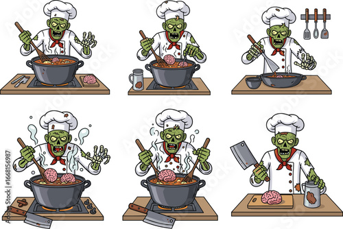 Cartoon zombie chef cooking with brains in a big pot, zombie apocalypse cooking concept, funny Halloween cartoon illustration

.