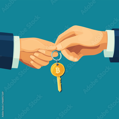 Real estate concept. Hand of real estate agent holding holds a key for home, and buyer hold coin. Vector illustration