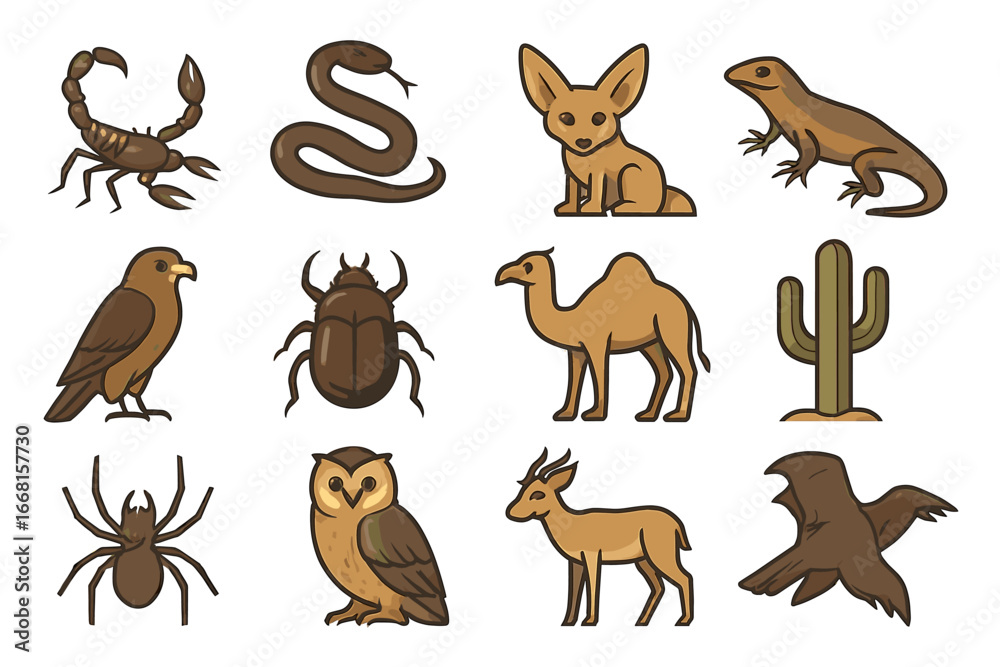 Fototapeta premium Cartoon desert animals and plants featuring owl, camel, cactus, snake, and more