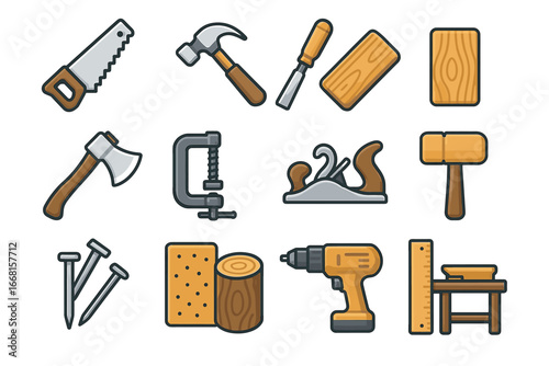 Collection of woodworking tools icons: hammer, saw, drill, axe, nails, and more
