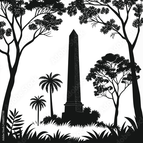 Ancient obelisk in jungle clearing silhouette