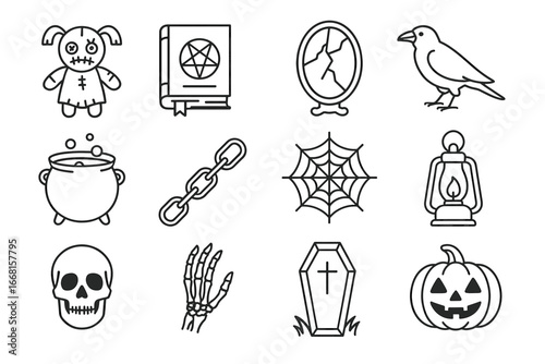 Halloween symbols: voodoo doll, grimoire, mirror, raven, cauldron, chain