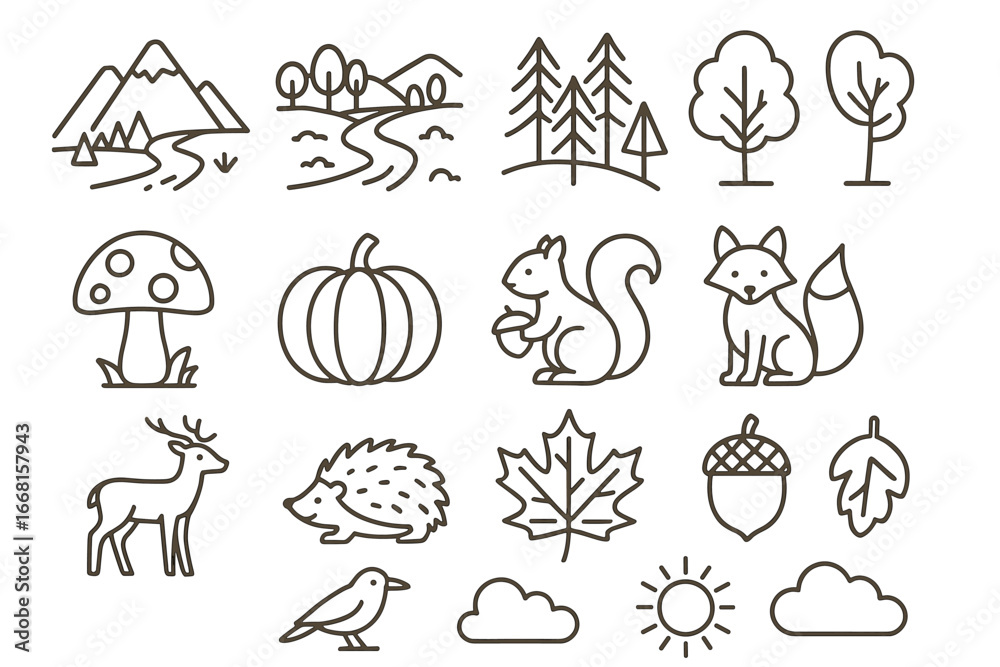 Obraz premium Simple line art of nature with animals, trees, and weather elements