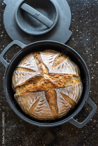 Fresh sourdough bread baked in dutch oven
