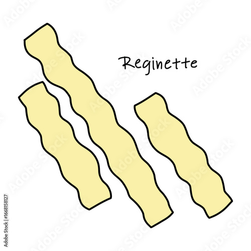 reginette pasta in doodle style on white background, isolated plates with wavy edges