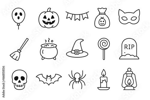 Halloween icon set: pumpkin, witch hat, skull, spider, bat, cauldron, broom, lantern, candy