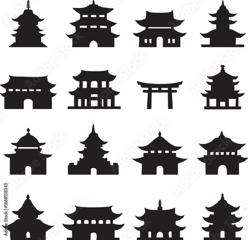 Japanese temple silhouette vector pack: asian architecture icons eps