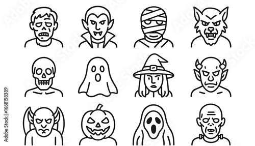Halloween characters: vampire, witch, werewolf, ghost, mummy, skull, frankenstein, pumpkin, zombie