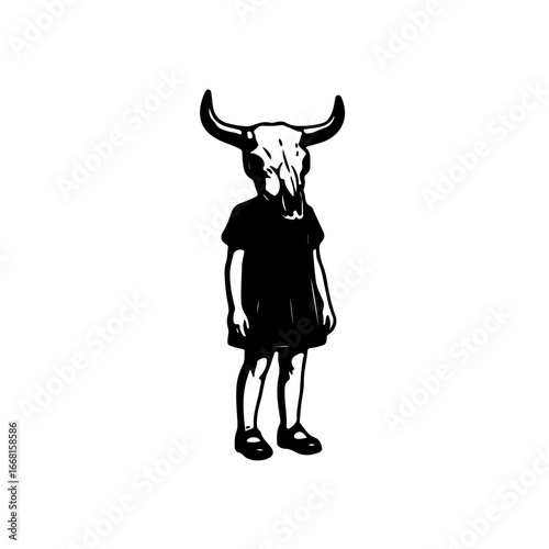 Whimsical child with bull skull head stands in dark shirt and shorts, evoking surreal artistry and creative expression