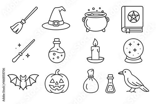 Halloween icons: witch hat, cauldron, spellbook, pumpkin, bat, candle, broom, crow, potion