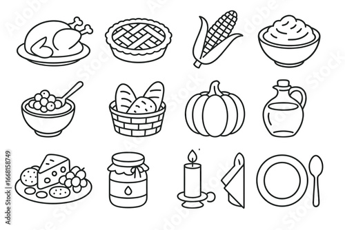 Thanksgiving feast icons: turkey, pie, corn, mashed potatoes, candle, empty plate