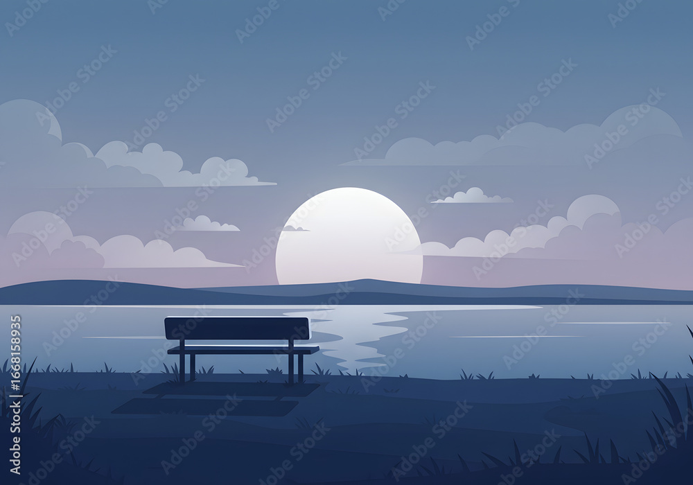 Obraz premium Serene lake at dusk quiet bench silhouette peaceful seascape vector