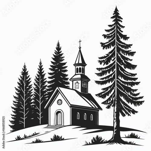 Snow-covered chapel in forest silhouette