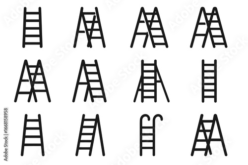 Set of ladder icons: various designs and styles illustrating climbing equipment