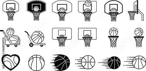 Basketball hoops and balls icons, sports symbols, basketball equipment illustrations, sports graphics, game elements, basketball net and ball designs