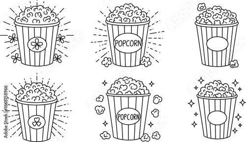 Black and white popcorn bucket illustrations, hand-drawn style, snack food icons, movie night, cinema treats, popcorn clipart set