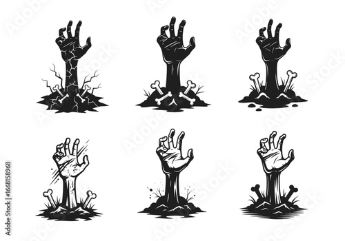 Zombie Hands Rising from Graveyard in Horror Style – Halloween Undead Vector Illustration for Scary, Creepy, Spooky Night Themes