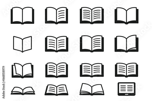 Set of 15 book and e-reader icons in various open and closed positions