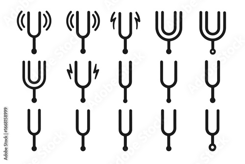 Variety of minimalist tuning fork icons displaying sound vibrations in simple black design