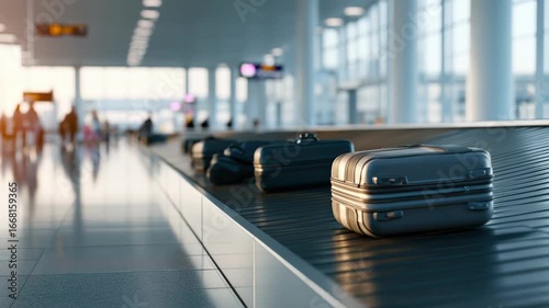 Conveyor belt at airport showcasing various bags in soft morning light