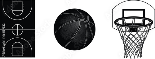 Basketball court diagram, basketball ball, hoop with net, sports equipment, basketball game, training, indoor court, basketball elements