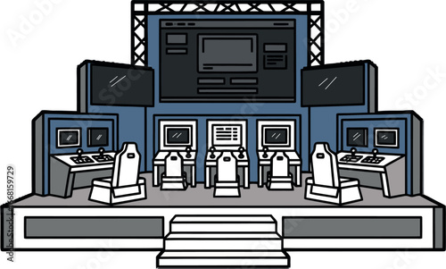 Modern esports gaming stage illustration, featuring player stations, large display screens, and a central platform, ideal for competitive tournaments and virtual events