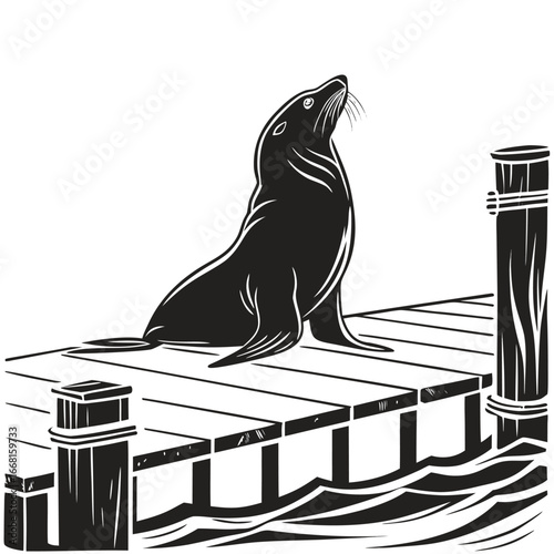 Sea lion on pier silhouette
