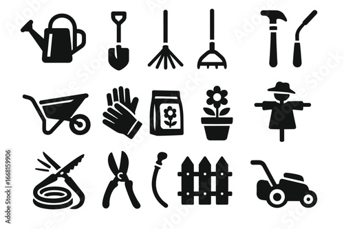 Gardening tools icons: watering can, shovel, rake, wheelbarrow, hose