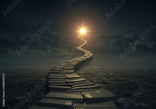 Stone path to bright light guiding the way through darkness