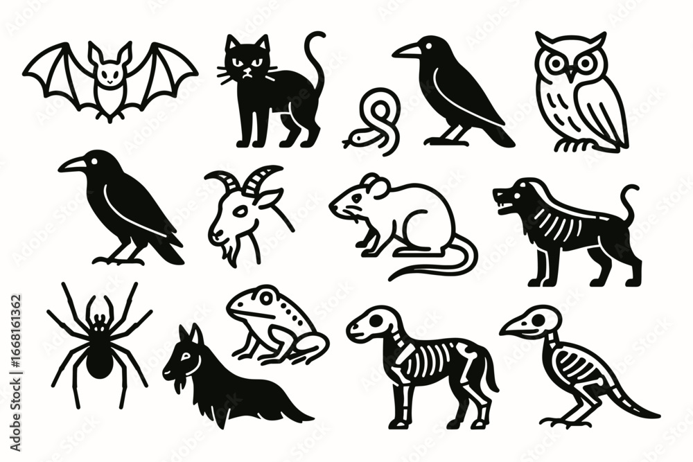 Fototapeta premium Silhouette collection of animals including bat cat snake crow owl goat rat dog spider frog skeleton