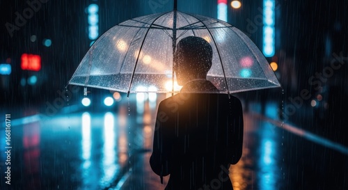 A lone figure facing the elements under the protection of an umbrella