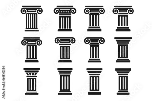 Set of twelve classic greek and roman architectural column designs in black and white