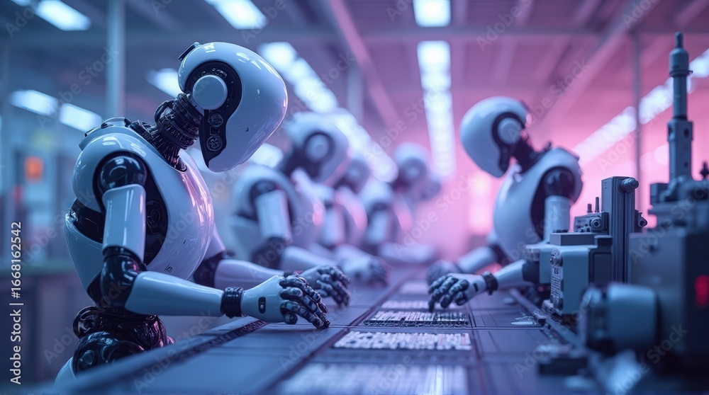Obraz premium Robots in Factory Assembly Line in Modern Manufacturing Facility with Cool Blue and Pink Lighting