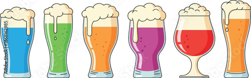A vibrant collection of six glasses filled with frothy, colorful beverages.