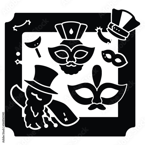 Elegant black and white vector illustration featuring an assortment of carnival masks and costume accessories creating a festive and mysterious ambiance for celebrations