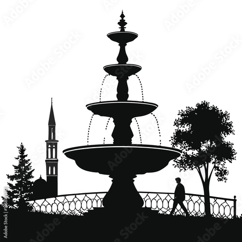 Ancient fountain in palace garden silhouette