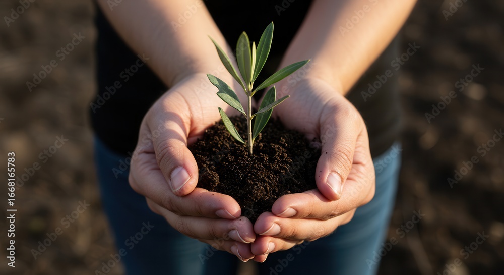 Fototapeta premium Hands Holding Olive Tree Seedling – Symbol of Peace, Hope, and Solidarity with the Palestinian People