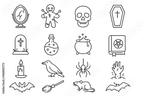Halloween line icons: skull, coffin, witch cauldron, bat, candle, spider, tombstone, voodoo doll